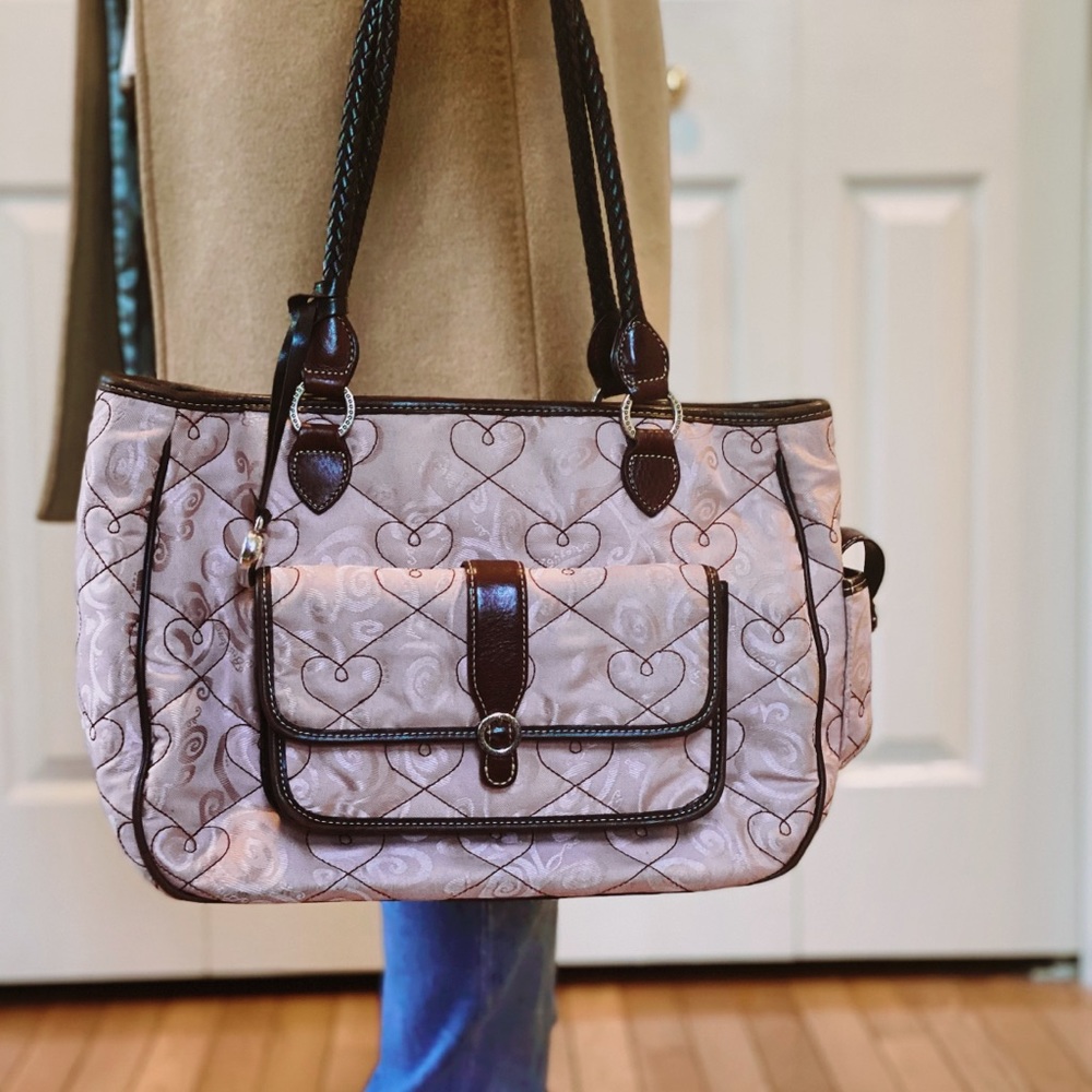 Brighton Light Pink Quilted Hearts & Brown Leather Handbag